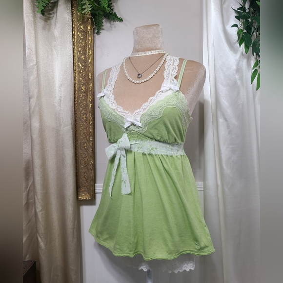 ♡ Y2K ♡ Abercrombie & Fitch Lace Trim Green Babydoll Tank with Leaf Waist Tie - Picture 3 of 9